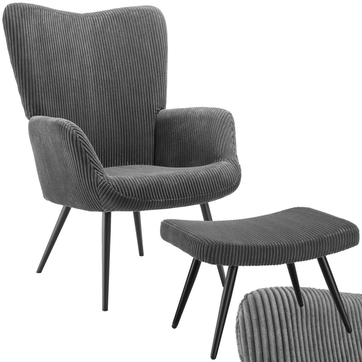 SESSEL Hygge,72 x 76 x 100,5 cm,Breitcord anthrazit/schwarz - Anthrazit/Schwarz, Kunststoff (72/100.5/76cm) - tectake