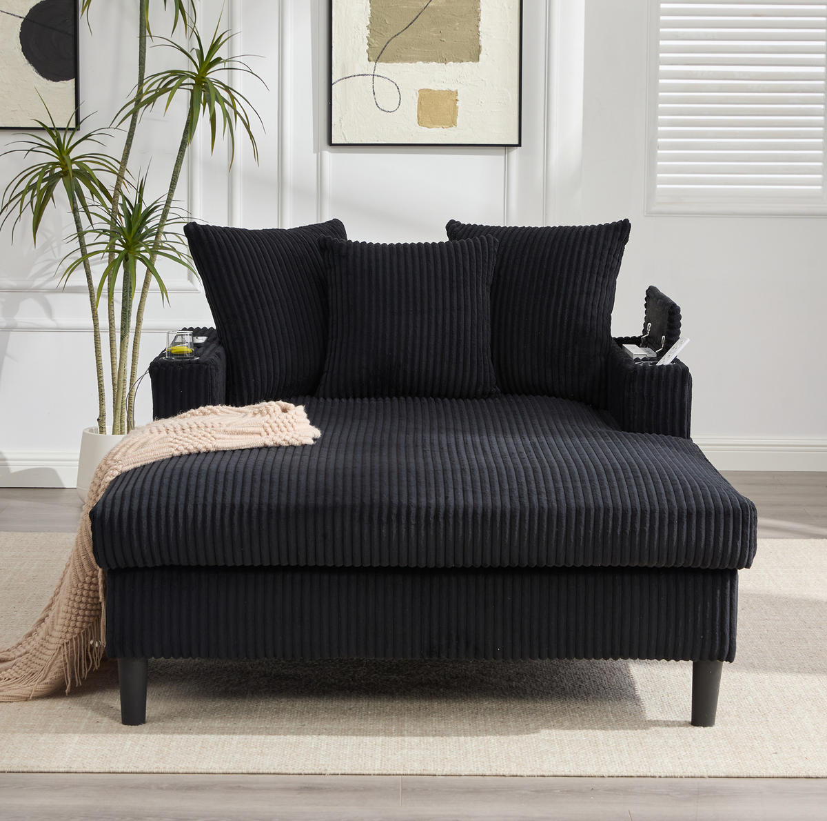 CHAISELONGUE 129/170/70 cm mit LED-Beleuchtung, USB-Anschluss, Becherhaltern und Stauraum, Schwarz - Schwarz, Textil (170/70/129cm) - Redom