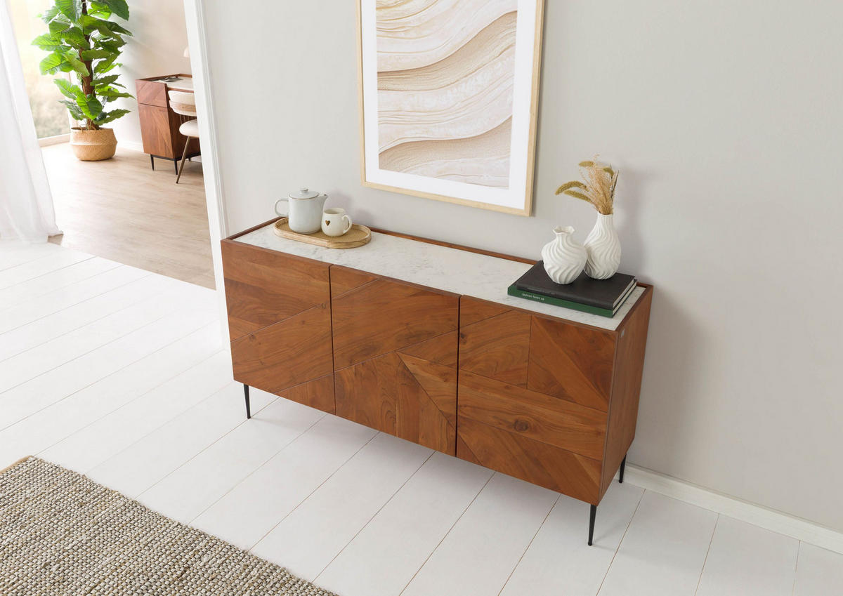 SIDEBOARD Akazie 147x40x76 natur lackiert / Marmor weiß KARLSTAD #15 - Braun, Holz (147/76/40cm) - Massivmoebel24