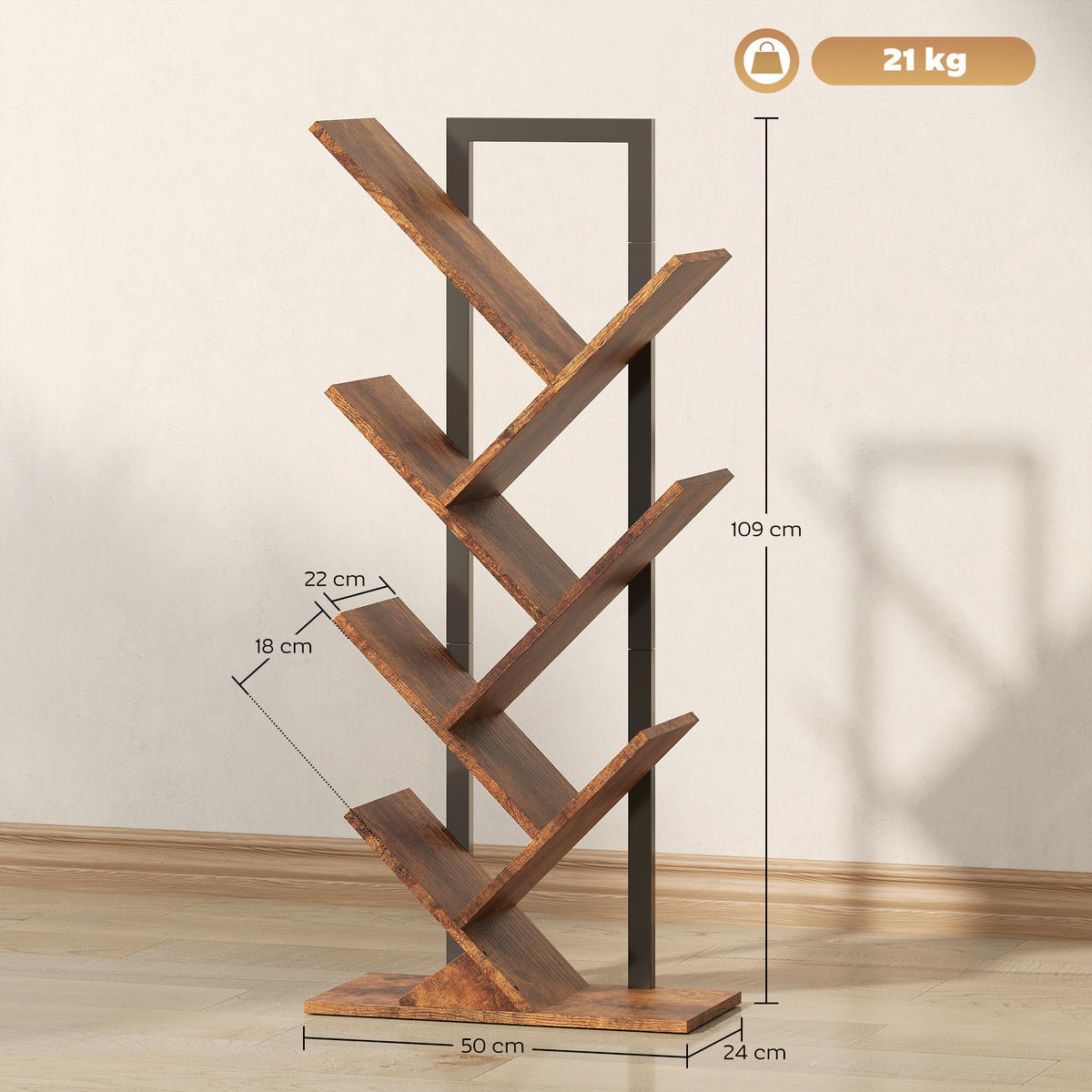BÜCHERREGAL Standregal mit 7 Ebenen Schmal Regal im Baumform Rustikal Braun - Rostfarben/Schwarz, Holzwerkstoff/Metall (24/109/50cm) - HOMCOM