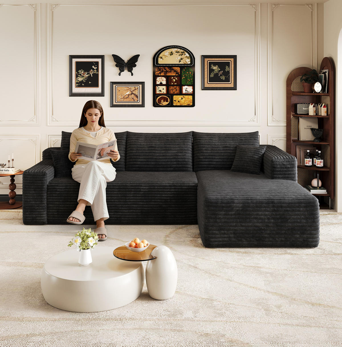 ECKSOFA 241/151/58 cm schwarz aus Stoff ohne Montage mit Chaise - Schwarz, Textil (151/241cm) - OKWISH