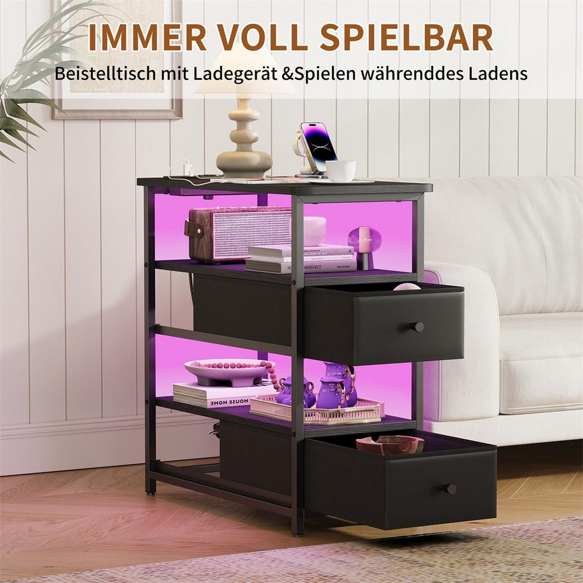 NACHTTISCH mit Ladestation & LED Beleuchtung - Schmaler Nachttisch mit offene Ablagen & 2 Schubladen - Schwarz - Schwarz, Holzwerkstoff (28/60.5/58cm) - DELFA