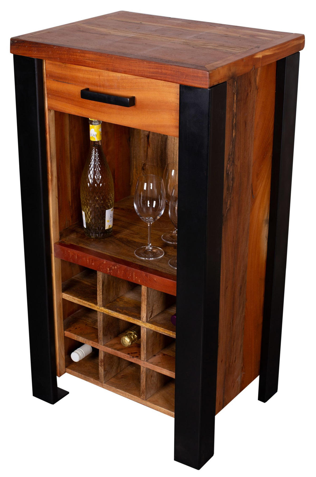 WEINKOMMODE Venosa Oldwood - 56 cm - Mangoholz - Schwarz/Braun, Holz/Metall (56/102/45cm) - bene living