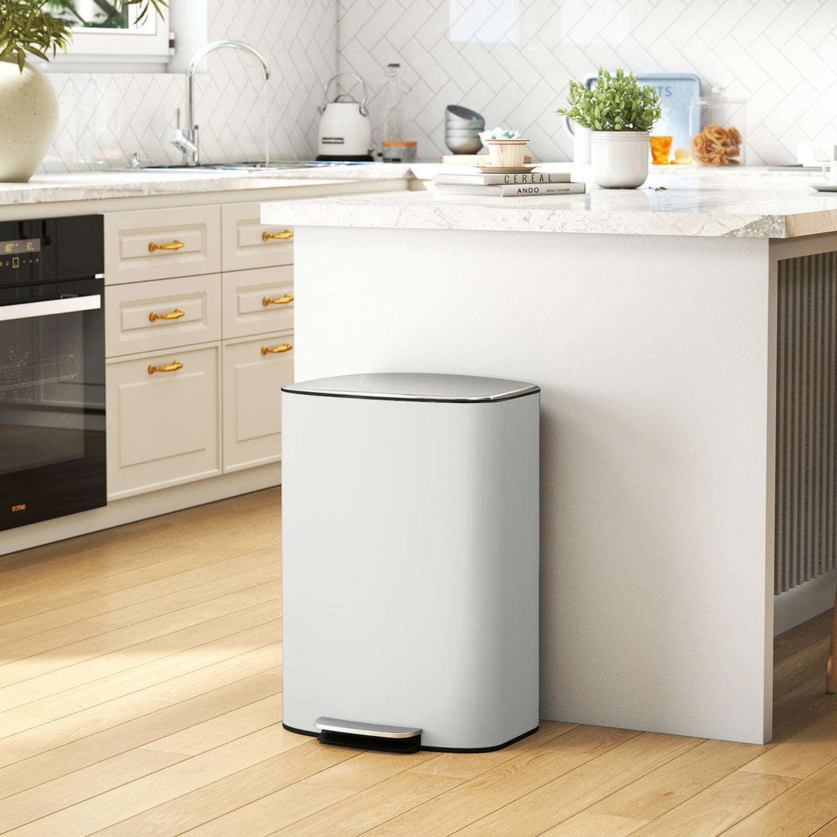 MÜLLEIMER 50L CREME Tretmülleimer für die Küche 45,1/62,6/36,5 cm Edelstahl pulverbeschichtet Creme Absenkautomatik Küche - Creme, Metall (36.5/62.6/45.1cm) - Rolipo