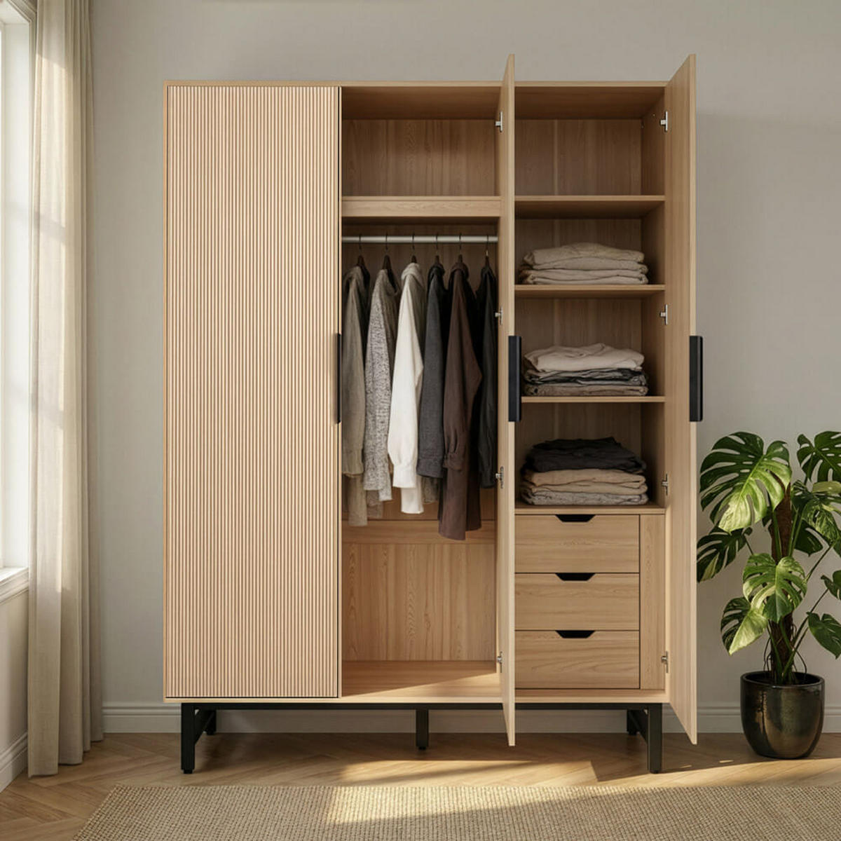 KLEIDERSCHRANK NYLA - Natur/Schwarz, 150 x 200 cm - Naturfarben, Holzwerkstoff (150/200/60cm) - Home Deluxe