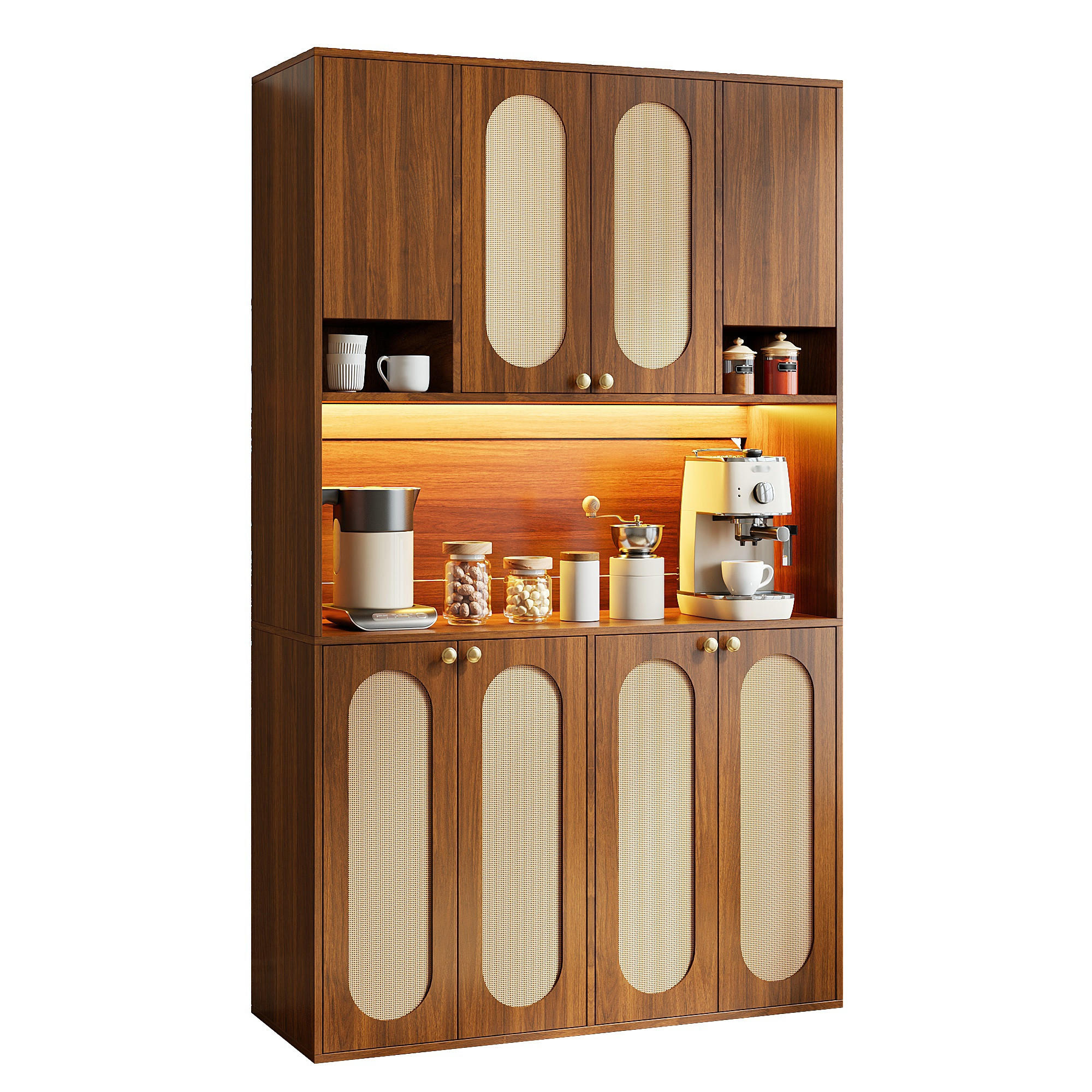 BUFFET Hoch mit PE-Rattan, LED-Beleuchtung und großem Stauraum - Nussbaumfarben, Holzwerkstoff (40/178/106cm) - Korfee