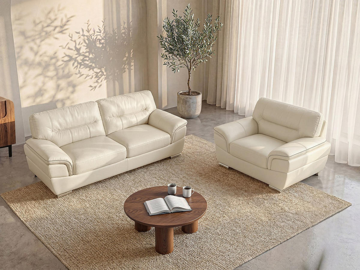 COUCHGARNITUR mit Sessel - 4 Personen - leder - elfenbeinfarben Thibault - Weiß, Leder/Metall (115/87/93cm) - Vente-Unique