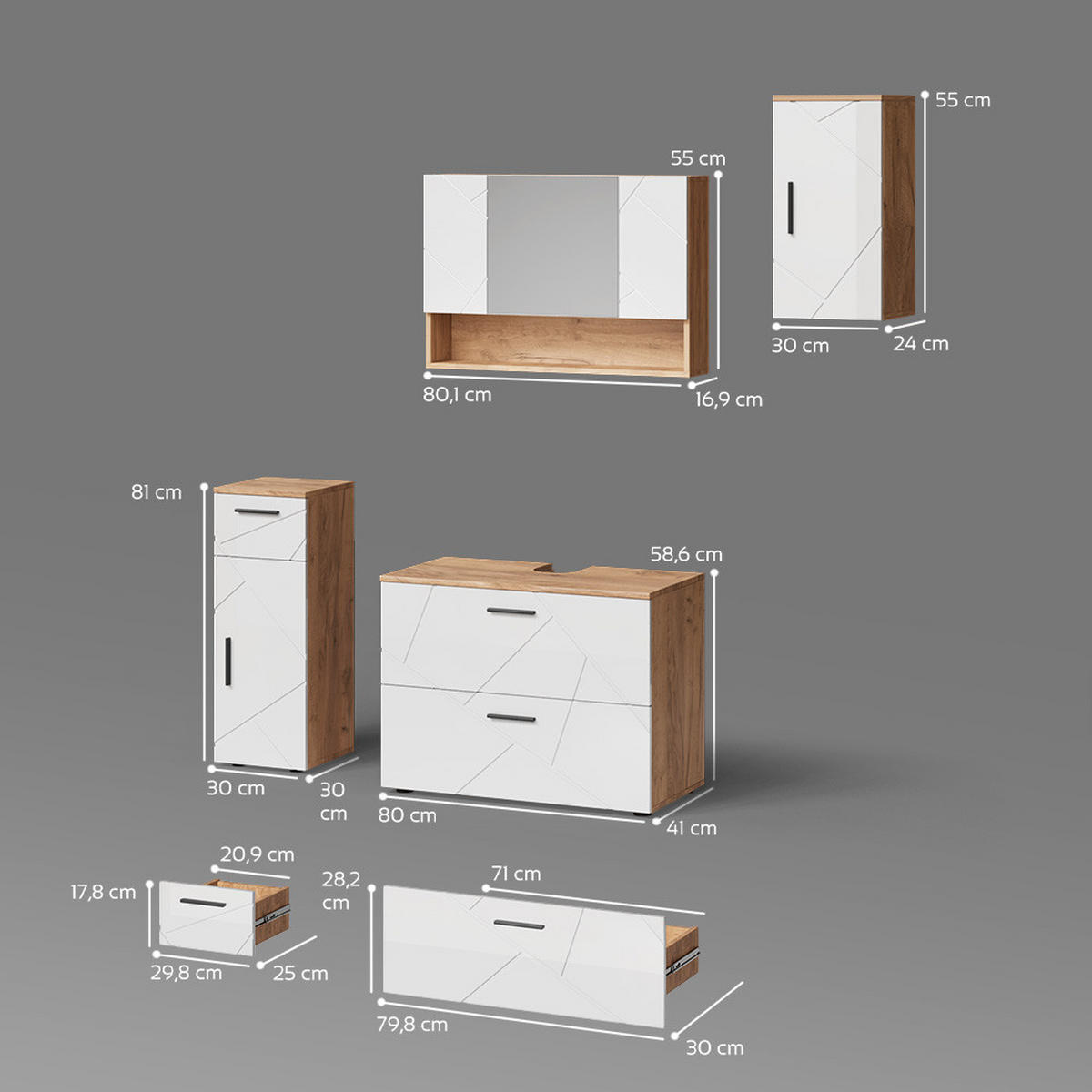 BADMÖBEL-SET Ronco Weiß Hochglanz/Goldkraft Eiche 4 Teile - Honigeiche/Weiß Hochglanz, Holzwerkstoff (80/58/41cm) - Livinity®