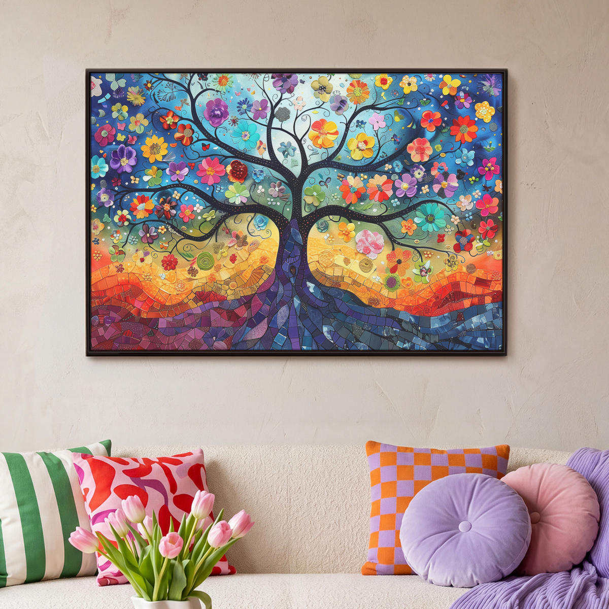 LEINWAND Bilder mit Rahmen - Kunst - Baum des Lebens - Blumen - Hippie - 90x60 - Dunkelblau, Textil (90/60cm) - MuchoWow