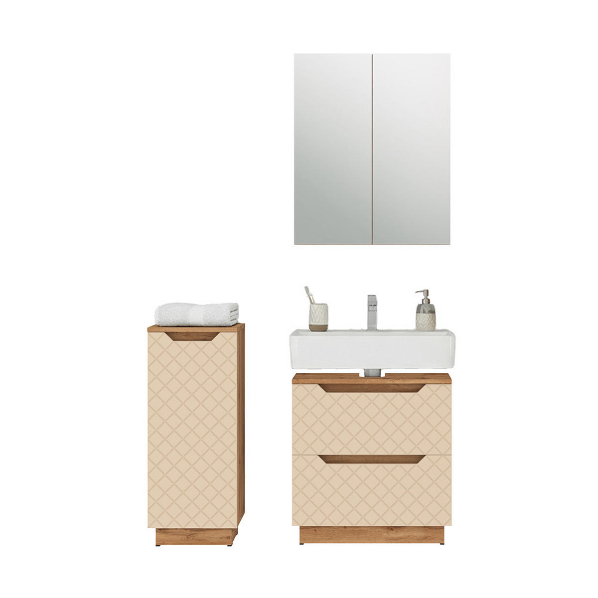 BADMÖBEL-SET Lotta Eiche/Kaschmir mit Kachelstruktur 3 Teile - Kaschmir, Holzwerkstoff (59.8/62.5/32cm) - Vicco