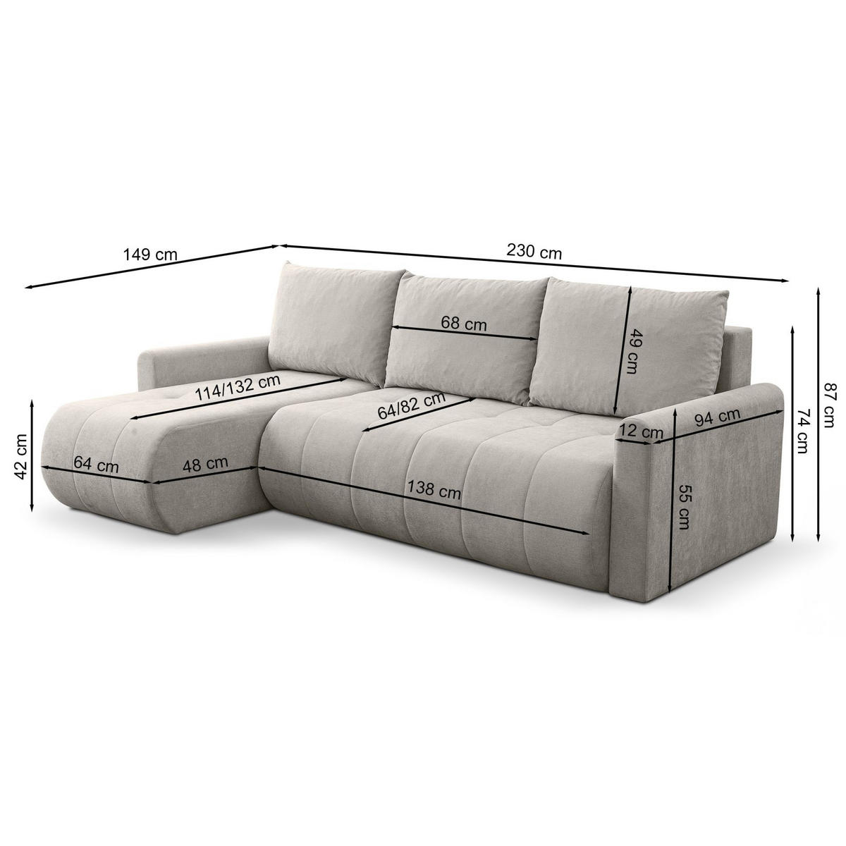 ECKSOFA Timmone Hellbeige Chenille 230 cm - Ecru/Schwarz, Kunststoff/Textil (230/149cm) - Selsey
