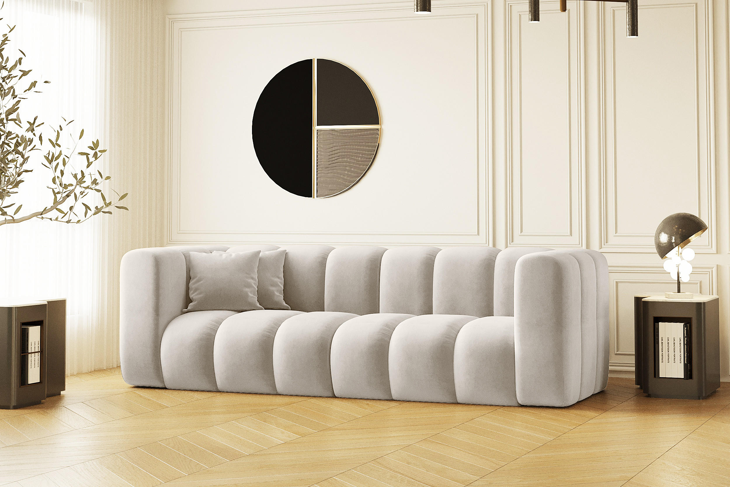 COUCH Dreisitzer-Sofa Grand Modular Stoff Salvador Hellgrau - Creme, Holz (230/70/91cm) - Kaiser Möbel