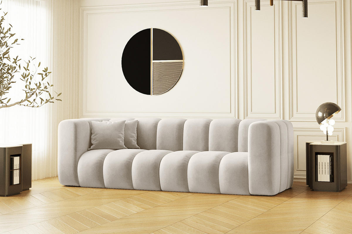 COUCH Dreisitzer-Sofa Grand Modular Stoff Salvador Hellgrau - Creme, Holz (230/70/91cm) - Kaiser Möbel