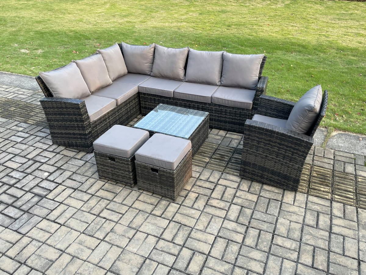 GARTENLOUNGE mit Ecksofa Polyrattan Dunkelgrau 9-Sitzer - Dunkelgrau/Grau, Glas/Kunststoff - Fimous
