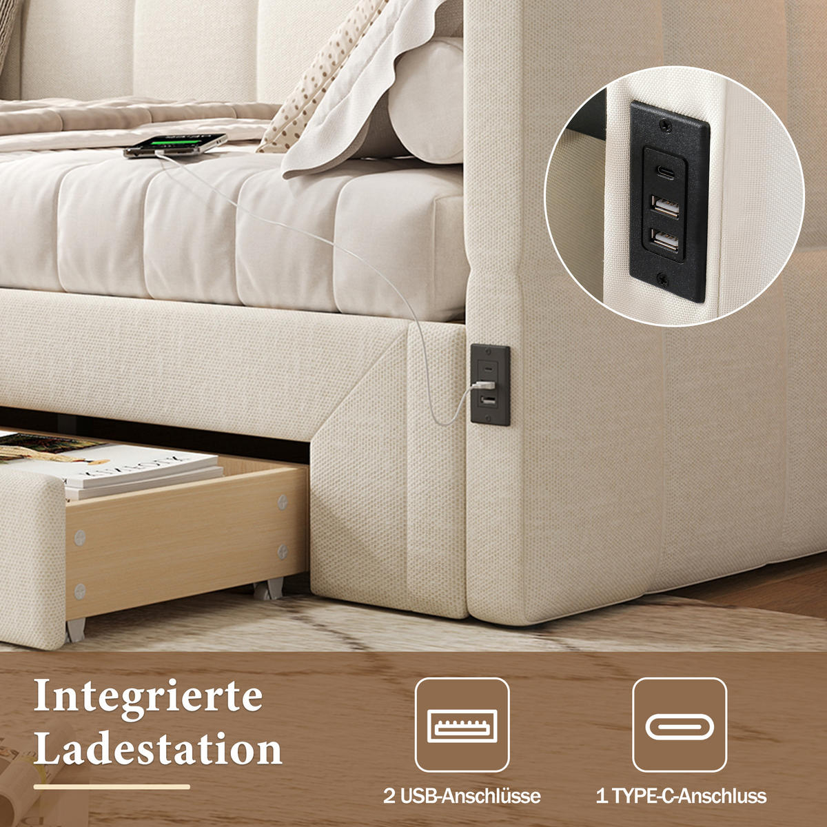POLSTERBETT 90/200 cm beige aus Leinen mit Ausziehfunktion und USB-Anschluss - Weiß, Textil (90/200cm) - OKWISH