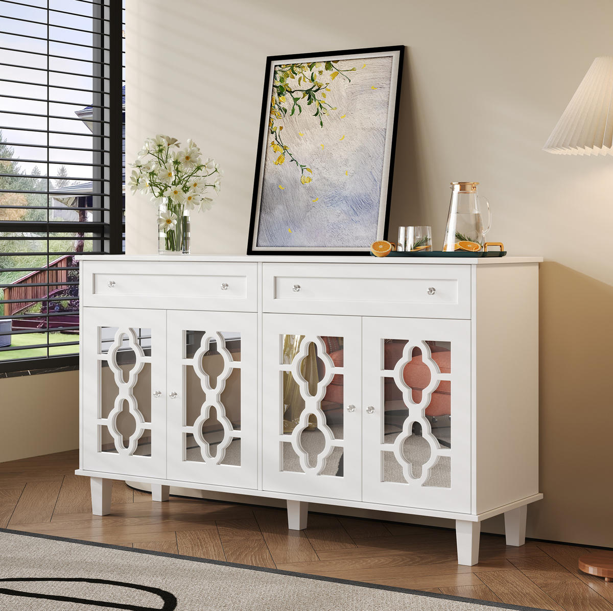 SIDEBOARD 140/40/83 cm, 4 Spiegeltüren, 2 Schubladen, MDF weiß, mit kristallförmigen Griffen, Weiß - Weiß, Holzwerkstoff (140/83/40cm) - Redom
