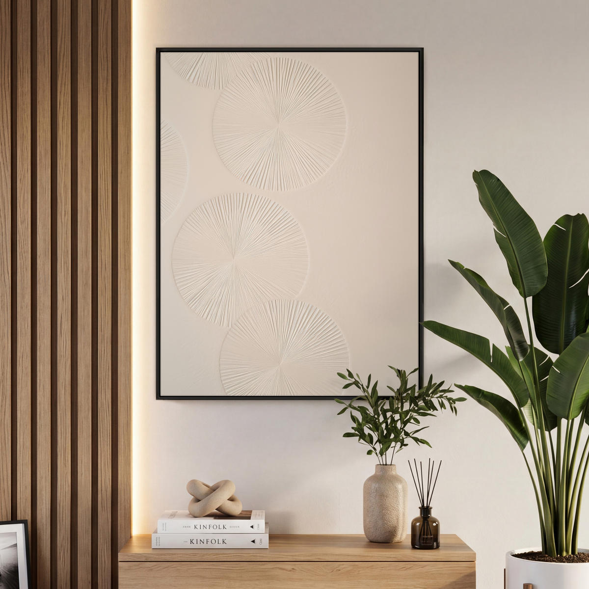 LEINWAND Bilder mit Rahmen - Japandi - Beige - Modern - 70x100 - Ecru, Textil (70/100cm) - MuchoWow