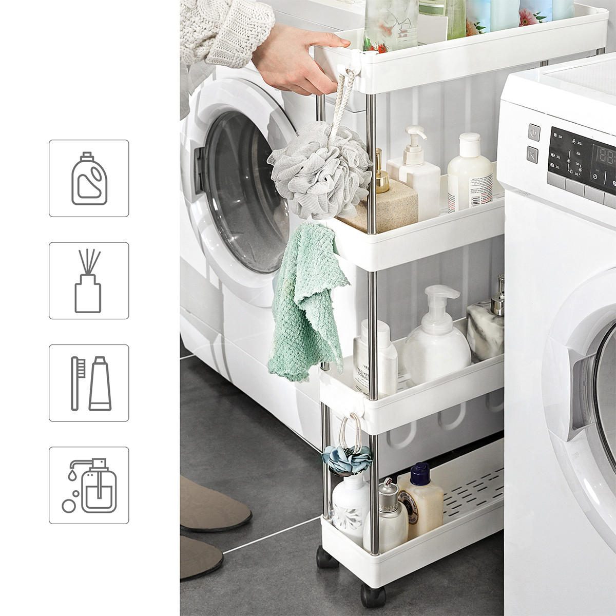 WEISSER Servierwagen auf Rollen mit 4 Ebenen - L12,5 x H86 cm - Weiß, Kunststoff (12.5/86/40cm) - Calicosy