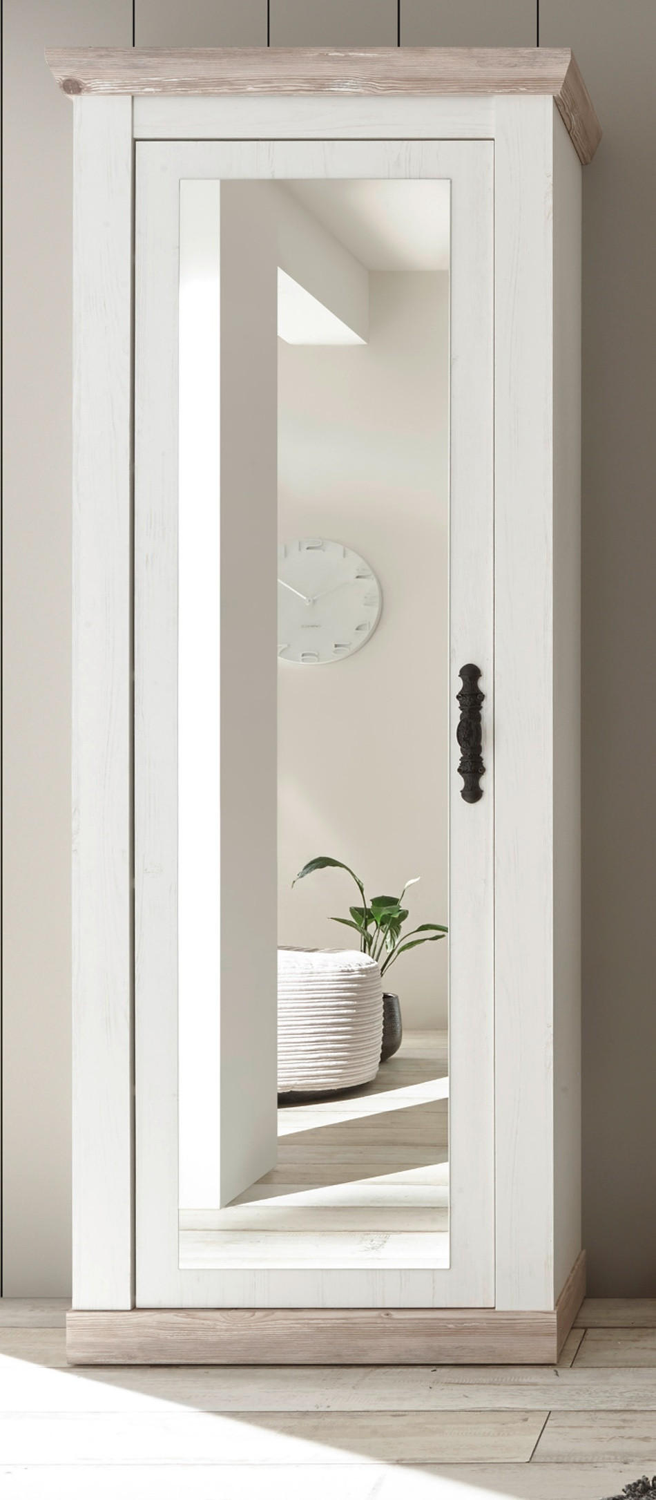 GARDEROBENSCHRANK Pinie weiß, Oslo Pinie Landhaus, Garderobe oder großer Schuhschrank mit Spiegel, 73 x 201 cm - Hellbraun/Anthrazit, Holzwerkstoff/Metall (73/201/38cm) - Furn.Design