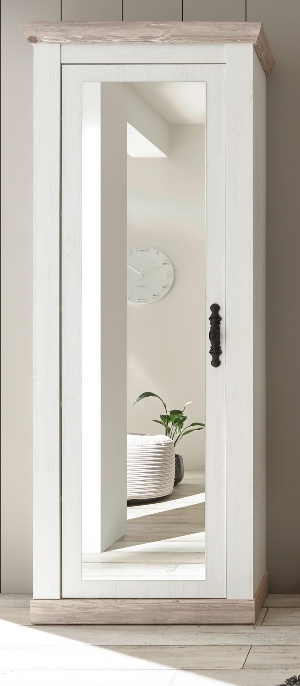 GARDEROBENSCHRANK Pinie weiß, Oslo Pinie Landhaus, Garderobe oder großer Schuhschrank mit Spiegel, 73 x 201 cm - Hellbraun/Anthrazit, Holzwerkstoff/Metall (73/201/38cm) - Furn.Design
