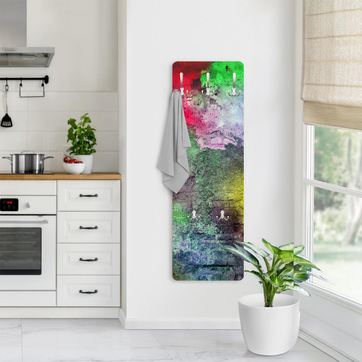 WANDGARDEROBE - Bunte besprühte alte Wand aus Backstein 34/105 cm - Multicolor, Holzwerkstoff (34/105/1.6cm) - Bilderwelten