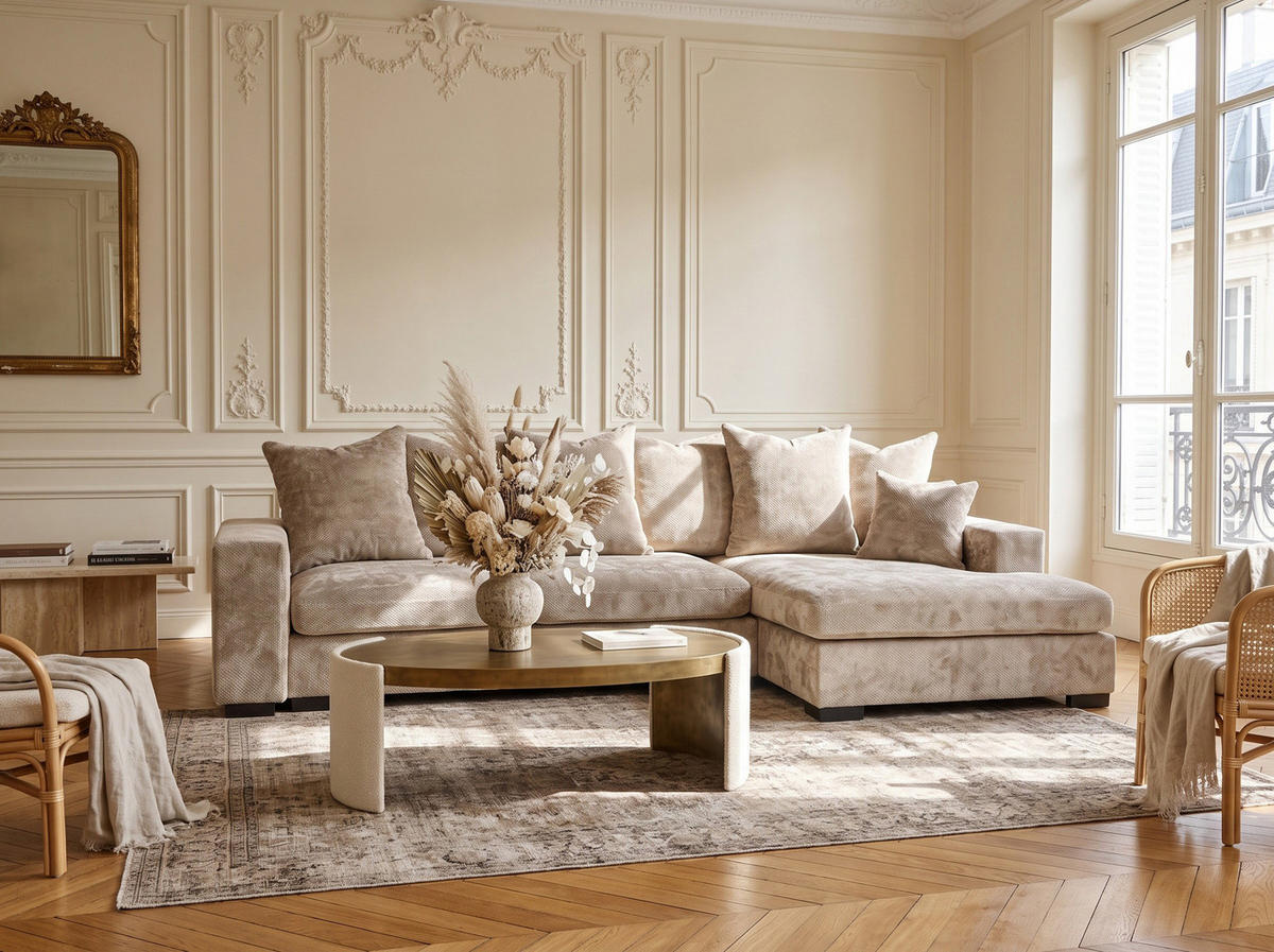 ECKSOFA Dahlia mit Schlaffunktion und Bettkasten in L-Form Rechts - Beige Chenille 285/92/155 cm - Beige/Schwarz, Kunststoff/Textil (155/285cm) - WFL GROUP