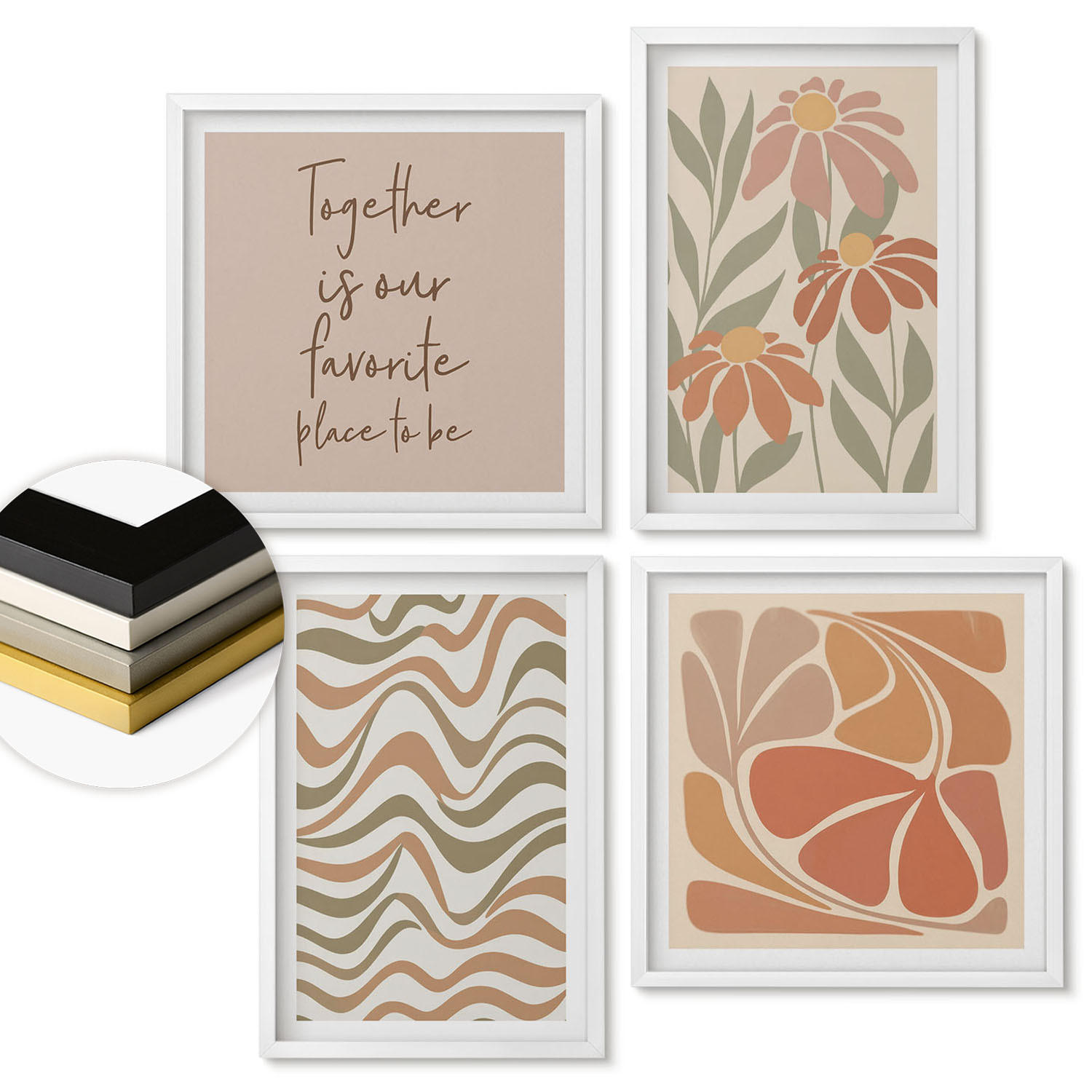WANDBILDER 4er-Set - 50x50 cm & 40x60 cm Weißer Rahmen - Abstrakte Pastellblumen - Weiß, Kunststoff (50/50cm) - ArtPrintCave