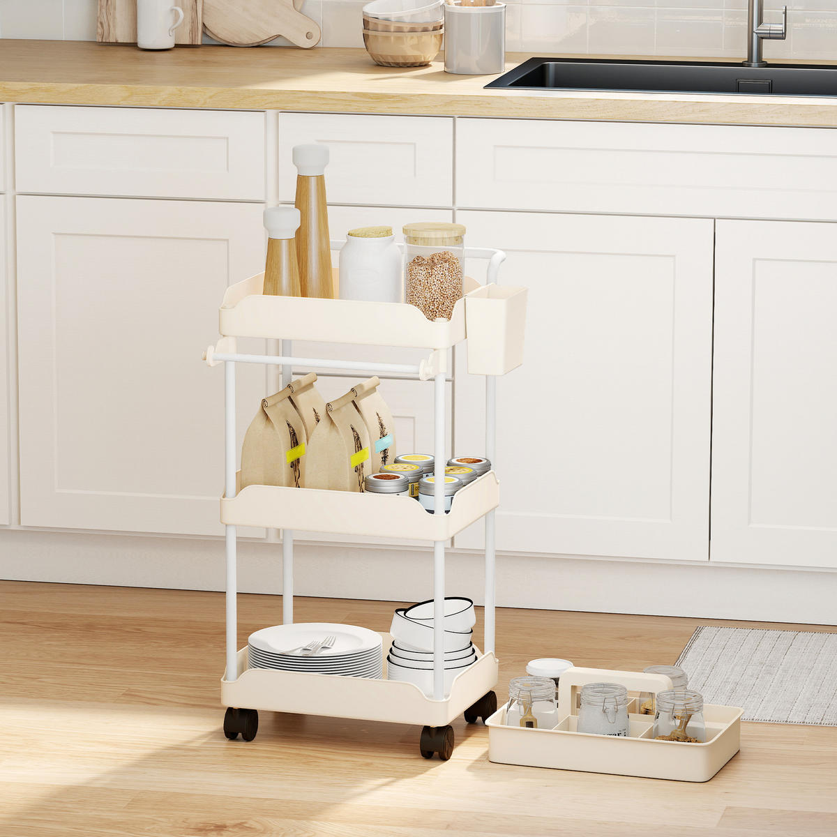 KÜCHENWAGEN Rollwagen mit 3 Ebenen Servierwagen mit hängenden Körben Tuchhalter - Weiß, Kunststoff (42/76/42.5cm) - HOMCOM