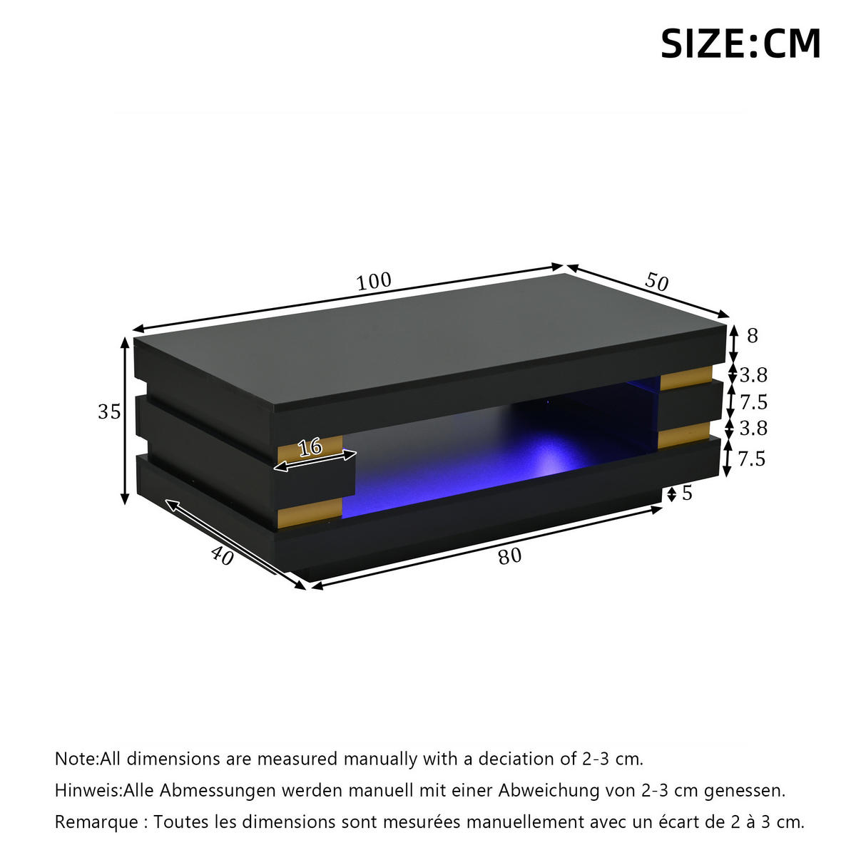 COUCHTISCH aus Spanplatte 100x50x35 cm in Schwarz mit LED-Beleuchtung - Schwarz, Holzwerkstoff (100/50/35cm) - Modfu