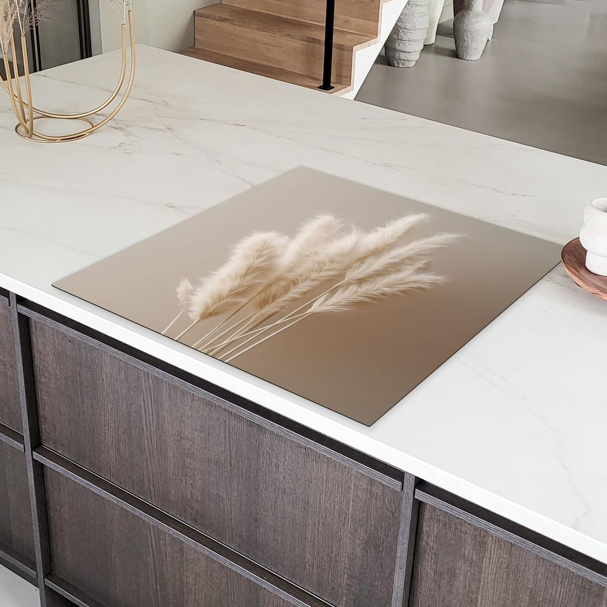 HERDABDECKPLATTE Pampasgras - Federn - Pastell - Weiß Induktionsmatte 78x78 cm - Creme, Kunststoff (78/78/0.2cm) - MuchoWow
