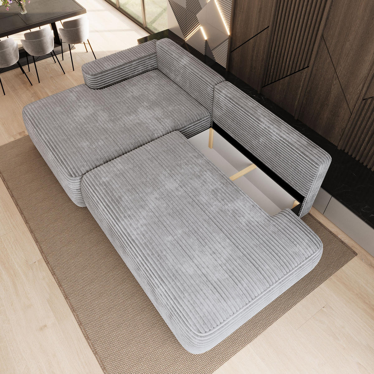 ECKSOFA AVINI T L-S Hellgrau Kordstoff mit Schlaffunktion - Hellgrau, Holzwerkstoff/Textil (277/160cm) - MASSENO