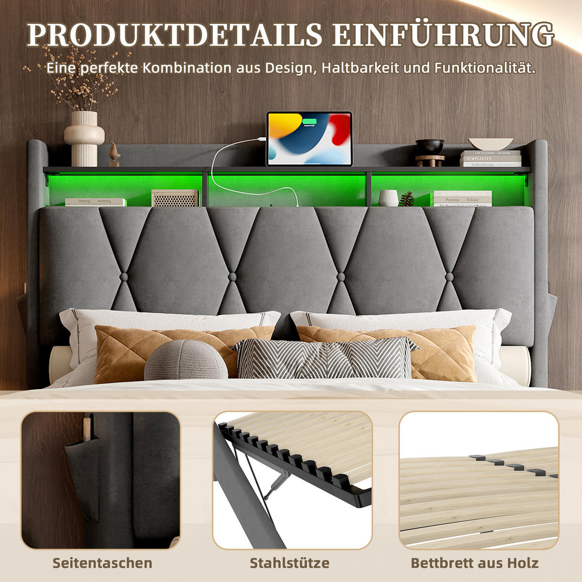 POLSTERBETT 140x200 cm LED USB Stauraum grau - Dunkelgrau, Textil (140/200cm) - LEBENLANG