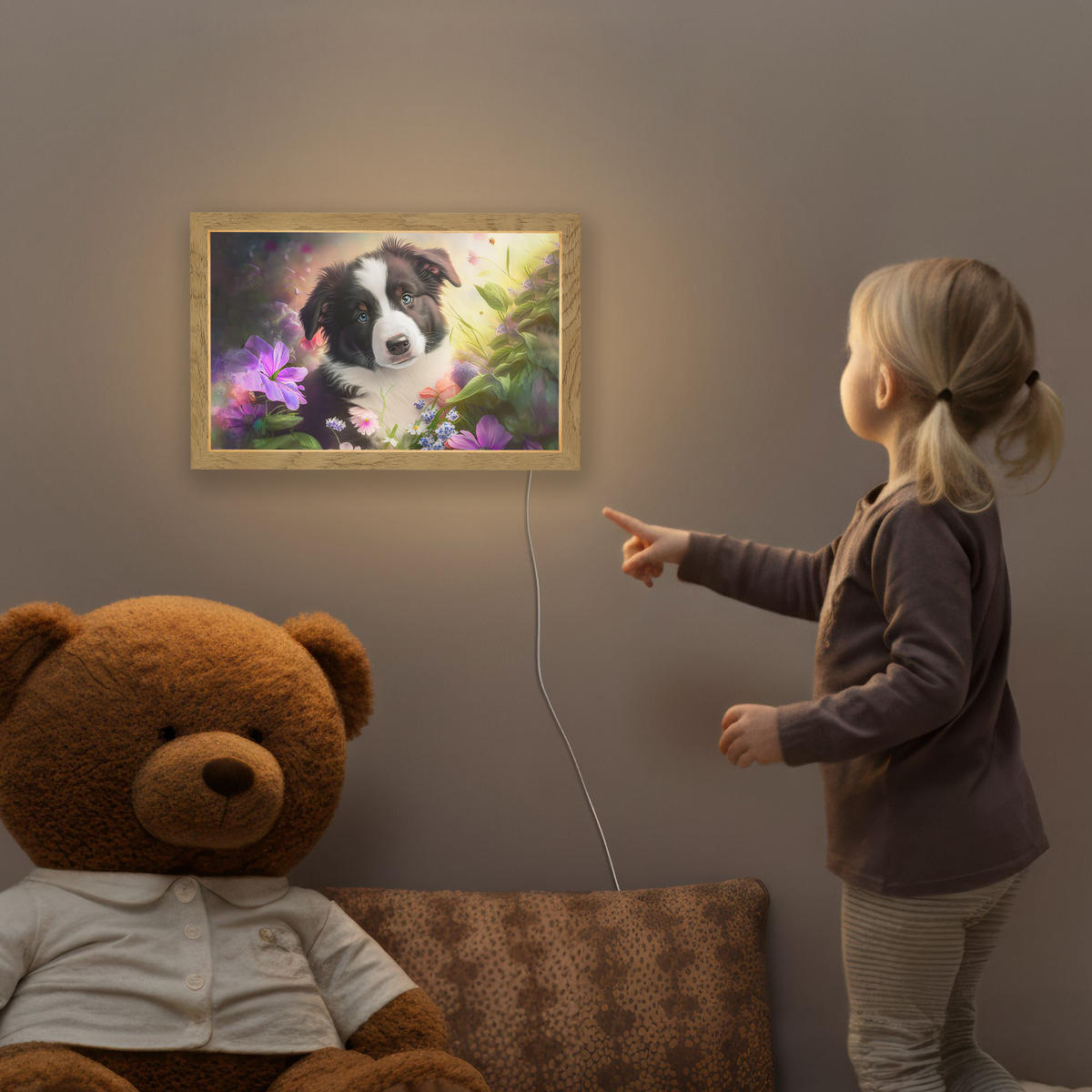 NACHTTISCHLAMPE Welpe - Sonne - Blumen - Natur - Border Collie - Hund 30x20 cm - Violett, Holzwerkstoff (8/30/20cm)