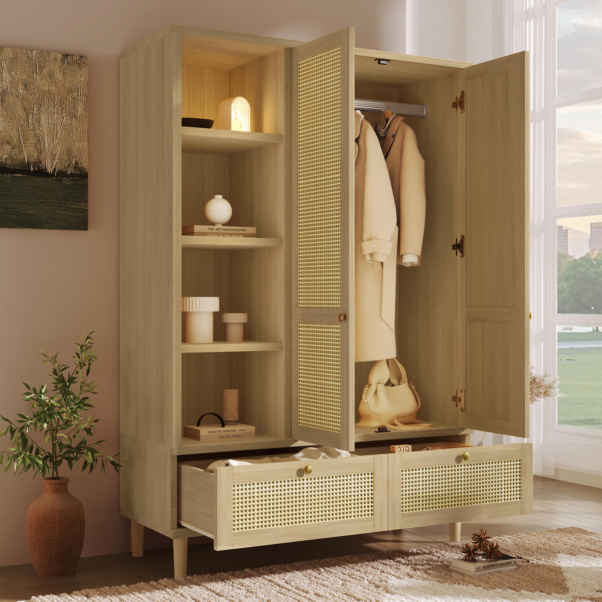 KLEIDERSCHRANK 120/50/180 cm mit 2 Drehtüren, 2 Schubladen und Rattan in Eiche - Eichefarben, Holz (120/180/50cm) - BEAOK