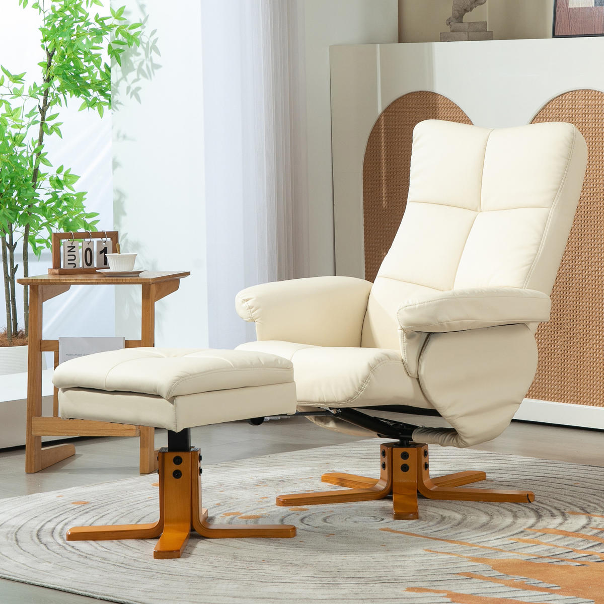 RELAXSESSEL mit Hocker, Stauraum, Fernsehsessel mit Liegefunktion, Cremeweiß - Creme/Braun, Holz/Kunststoff (86/99/80cm) - HOMCOM