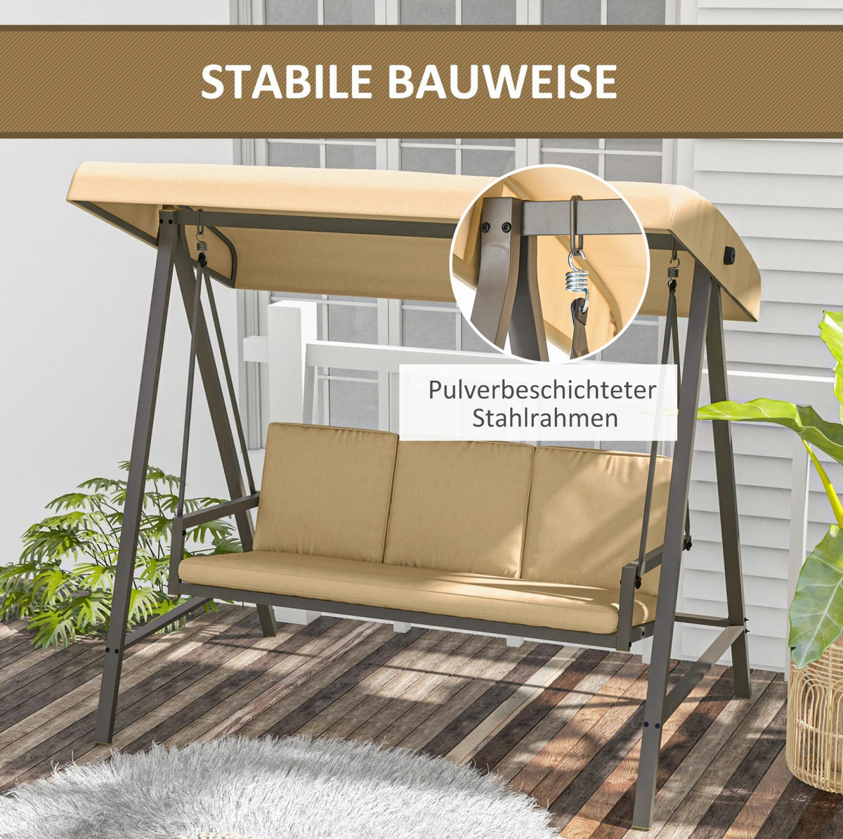 HOLLYWOODSCHAUKEL 3-Sitzer mit kippbarem Sonnendach und Polsterung, Beige - Beige, Textil (125/175/200cm) - Redom