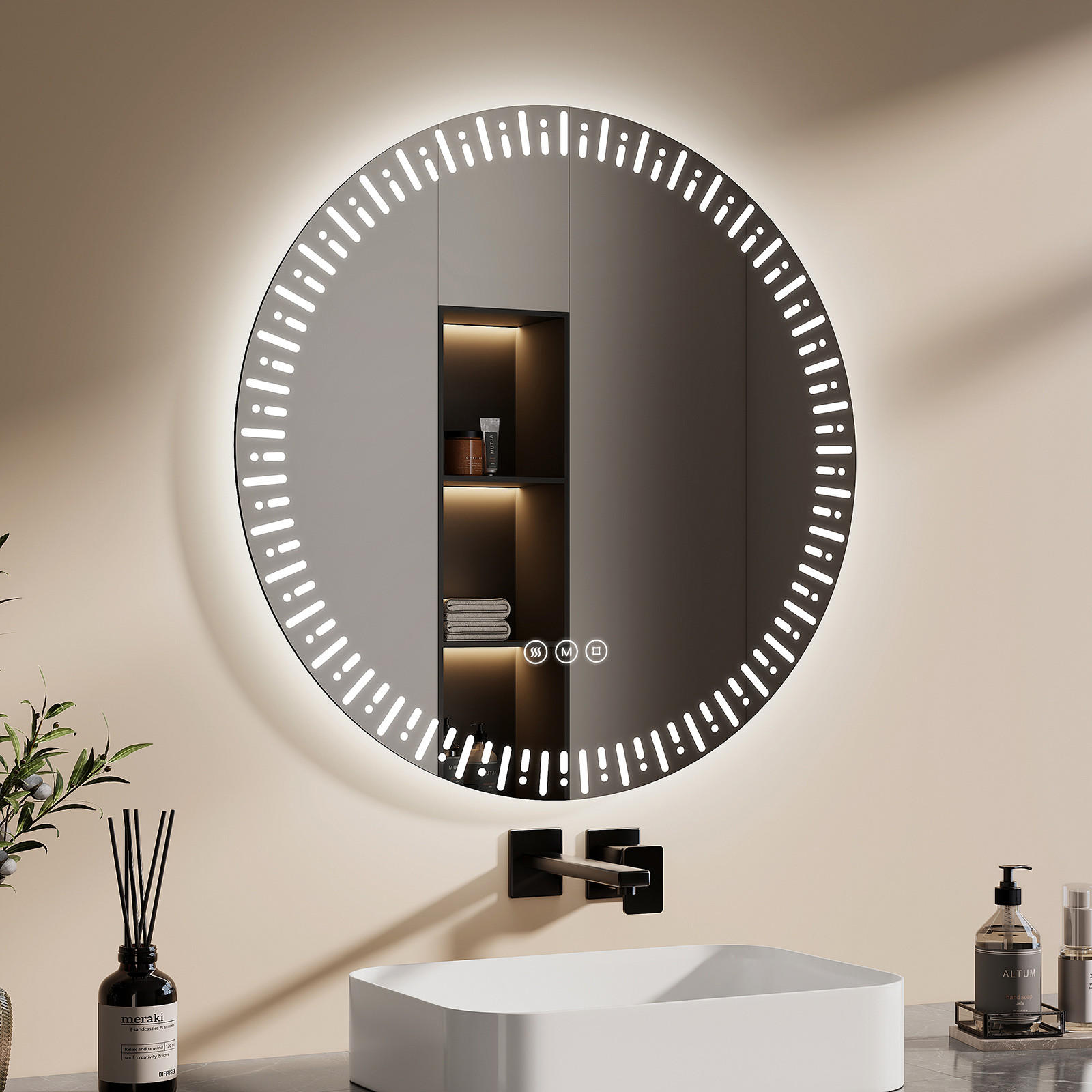 BADSPIEGEL Runder mit Beleuchtung mit Muster ф70 cm - Weiß, Glas (70/2.9/70cm) - EMKE