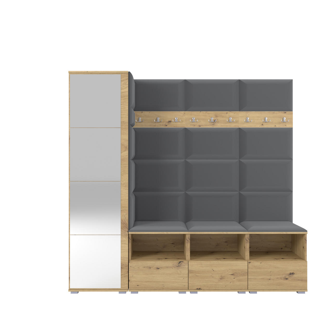 GARDEROBE NELA IX 200 cm (Modulare Flurmöbel Artisan Eiche mit Spiegel & Sitzpolster Dunkelgrau 15 Breite Sitzbank) - Dunkelgrau/Silberfarben, Holz/Holzwerkstoff (200/187/40cm) - Ravio