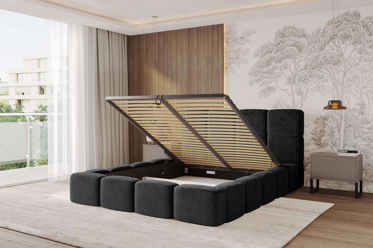 POLSTERBETT mit Bettkasten und Lattenrost mit Kopfteil, Boxbett ohne Matratze, mit Stauraum - NATA 180x200 Schwarz - Schwarz, Holzwerkstoff/Textil (180/200cm) - ALTDECOR