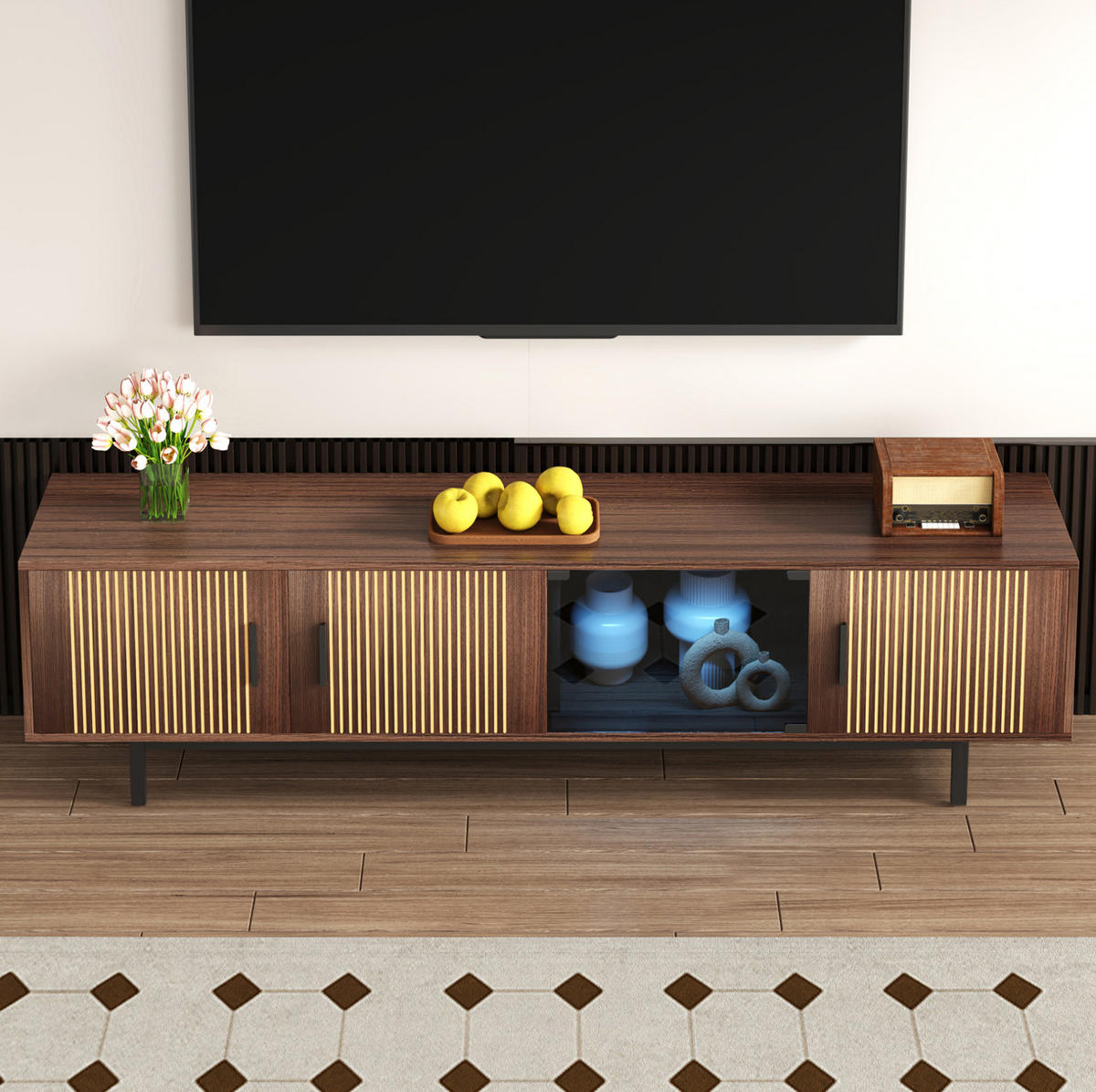 TV-LOWBOARD aus MDF und Spanplatte 200x35x53 cm Walnussbraun/Schwarz mit LED-Lichtleiste - Schwarz, Holzwerkstoff (200/53/35cm) - IVMEU