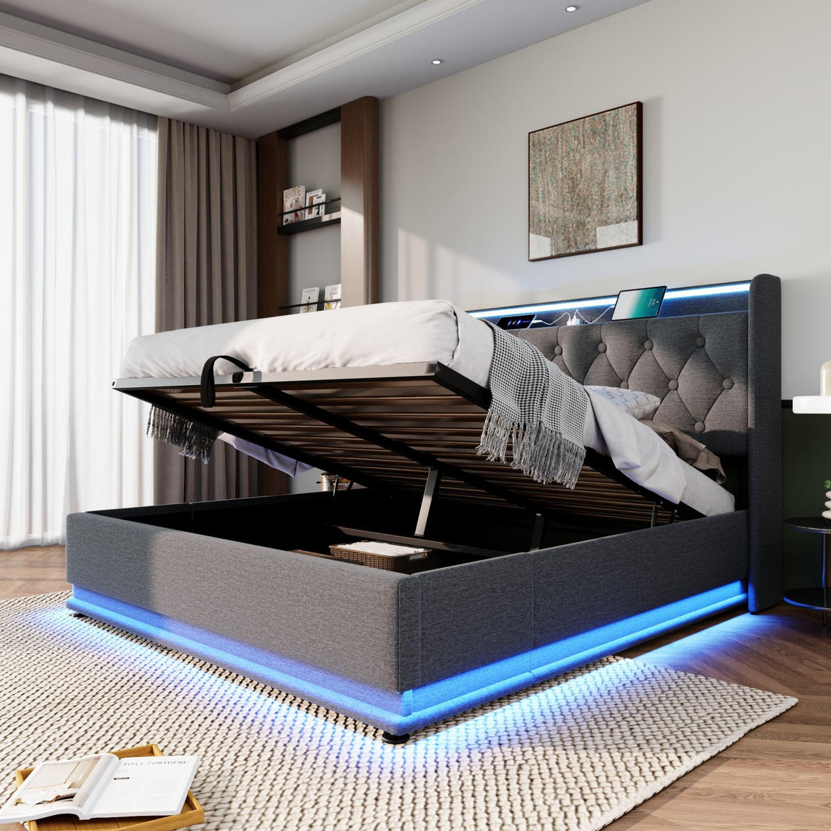 BETT mit Stauraum und LED 140x200 cm Leinen Grau - Grau, Metall (140/200cm) - Meubliv
