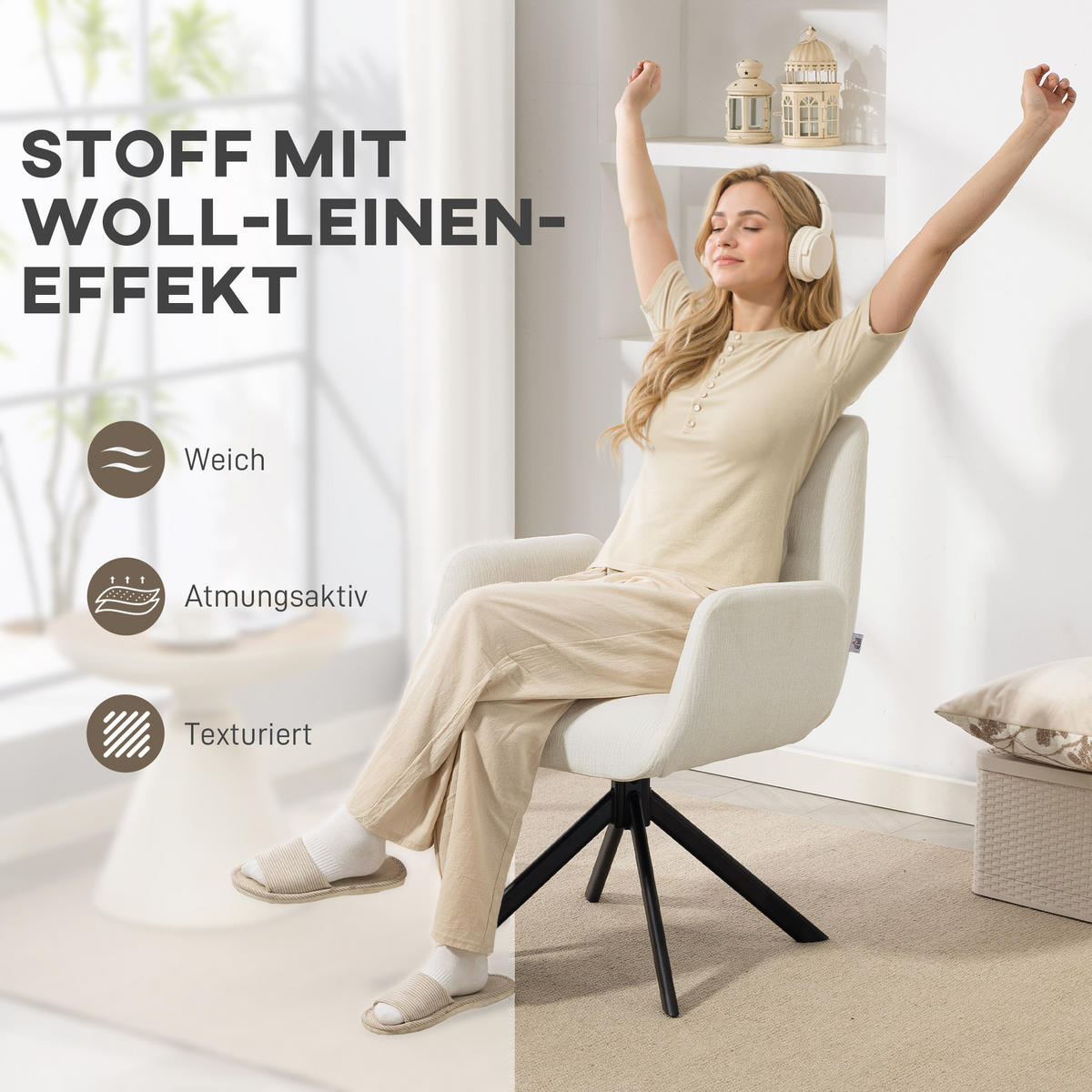 SESSEL Drehbar Loungesessel mit Armlehne Wolle-Leinenoptik Cremeweiß - Creme/Schwarz, Textil/Metall (61/88/60cm) - HOMCOM