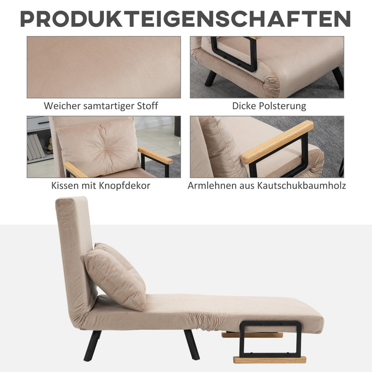 SCHLAFSESSEL Polyester Samtoptik mit Bettfunktion, verstellbarer Lehne 63/73/81 cm Beige - Beige, Textil (73/81/63cm) - Redom