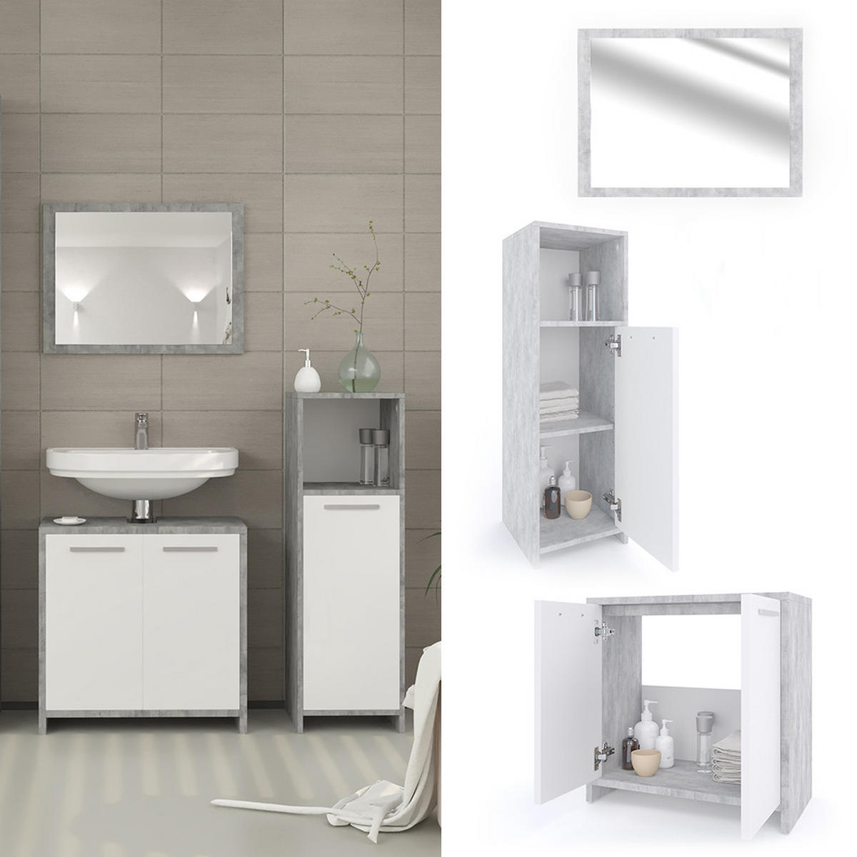 BADMÖBEL-SET Kiko Beton 3 Teile - Weiß/Grau, Holzwerkstoff (58/60/33cm) - Vicco