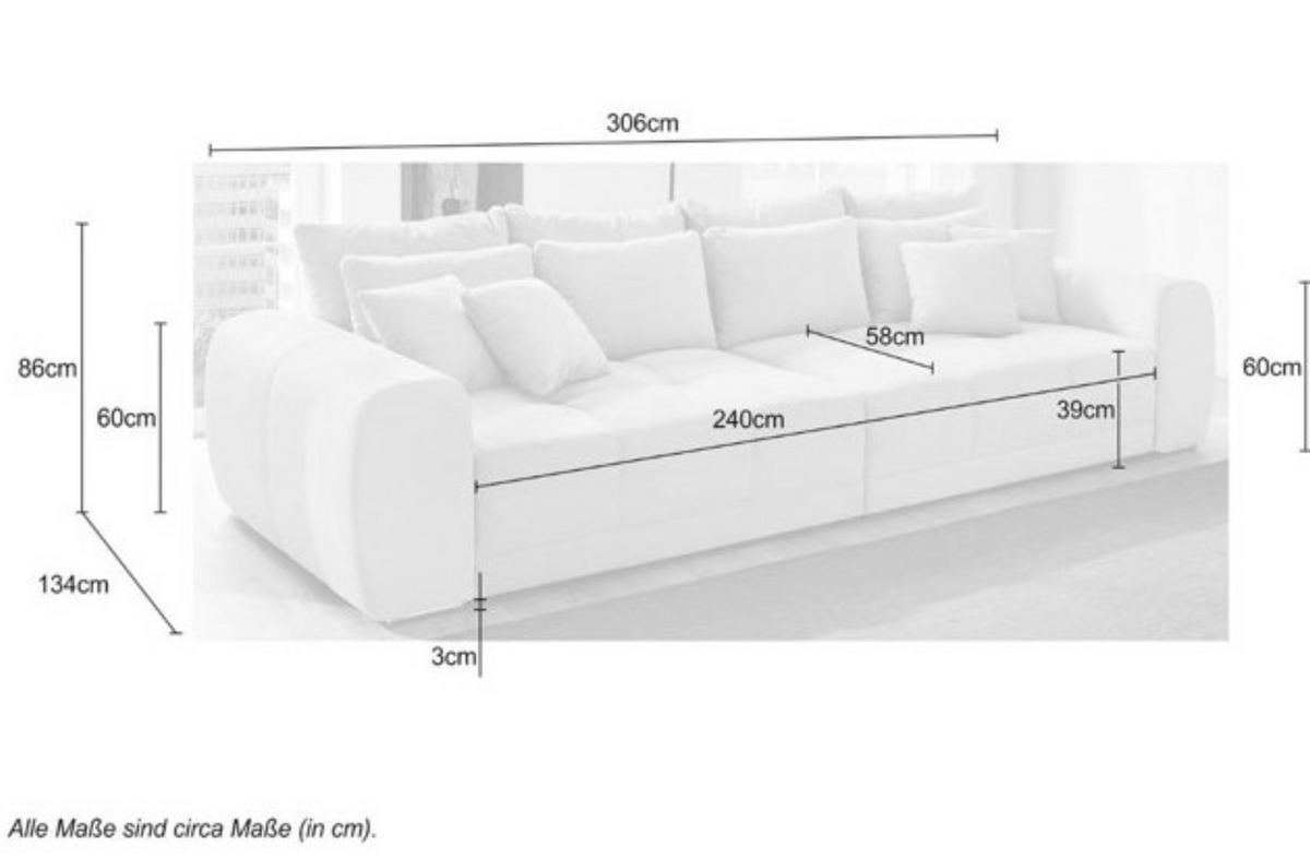 BIG-SOFA Federkern B306/T134/H86 cm, Liegefläche 120x240 cm, Mikrofaser Grau / 15114 - Chromfarben/Grau, Textil/Metall (306/86/134cm) - luma-home