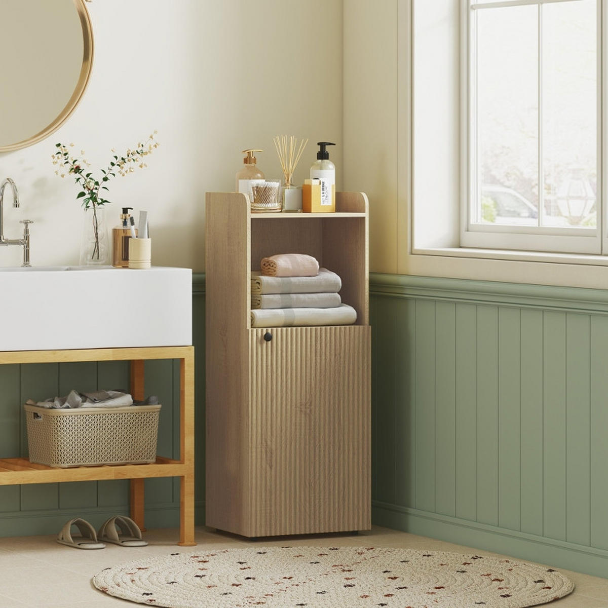 BADEZIMMERSCHRÄNKE 40x31x104 cm Eiche mit geflügelter Tür & verstellbarem Regal - Eichefarben, Holzwerkstoff (40/104/31cm) - Modfu