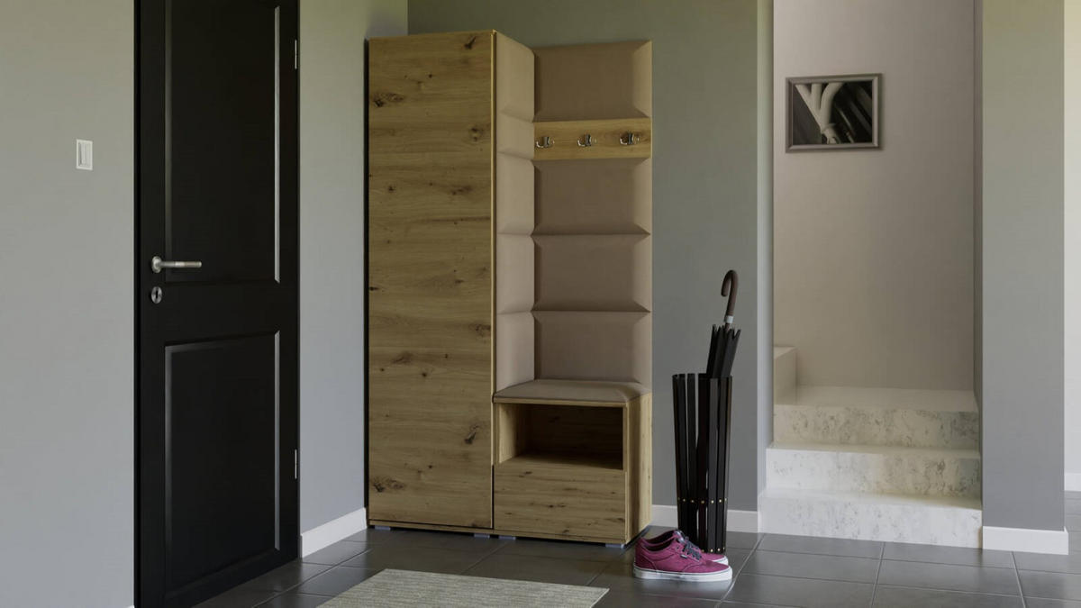 GARDEROBEN-SET Nela I mit gepolsterten Paneelen 100/187/40 - Beige/Silberfarben, Holzwerkstoff/Kunststoff (100/187/40cm)