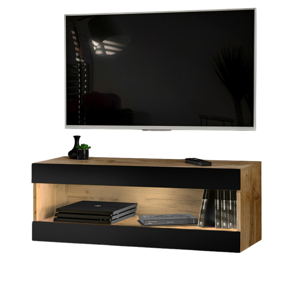 HÄNGEBOARD TV TIVOLI RTV2 Offener Raum Wotan + Schwarz - Eiche Wotan/Schwarz, Glas/Holzwerkstoff (100/36/35cm) - Komodee