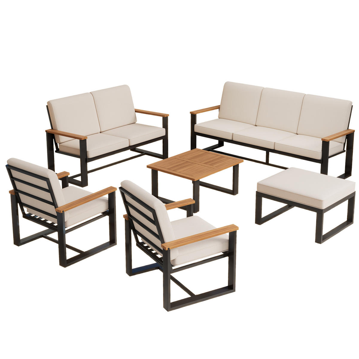 GARTENMÖBEL-SET mit 3-Sitzer, 2-Sitzer, 2 Sesseln, Couchtisch und Hocker, Akazienholz und verzinkter Stahl, Beige - Beige, Metall - Redom
