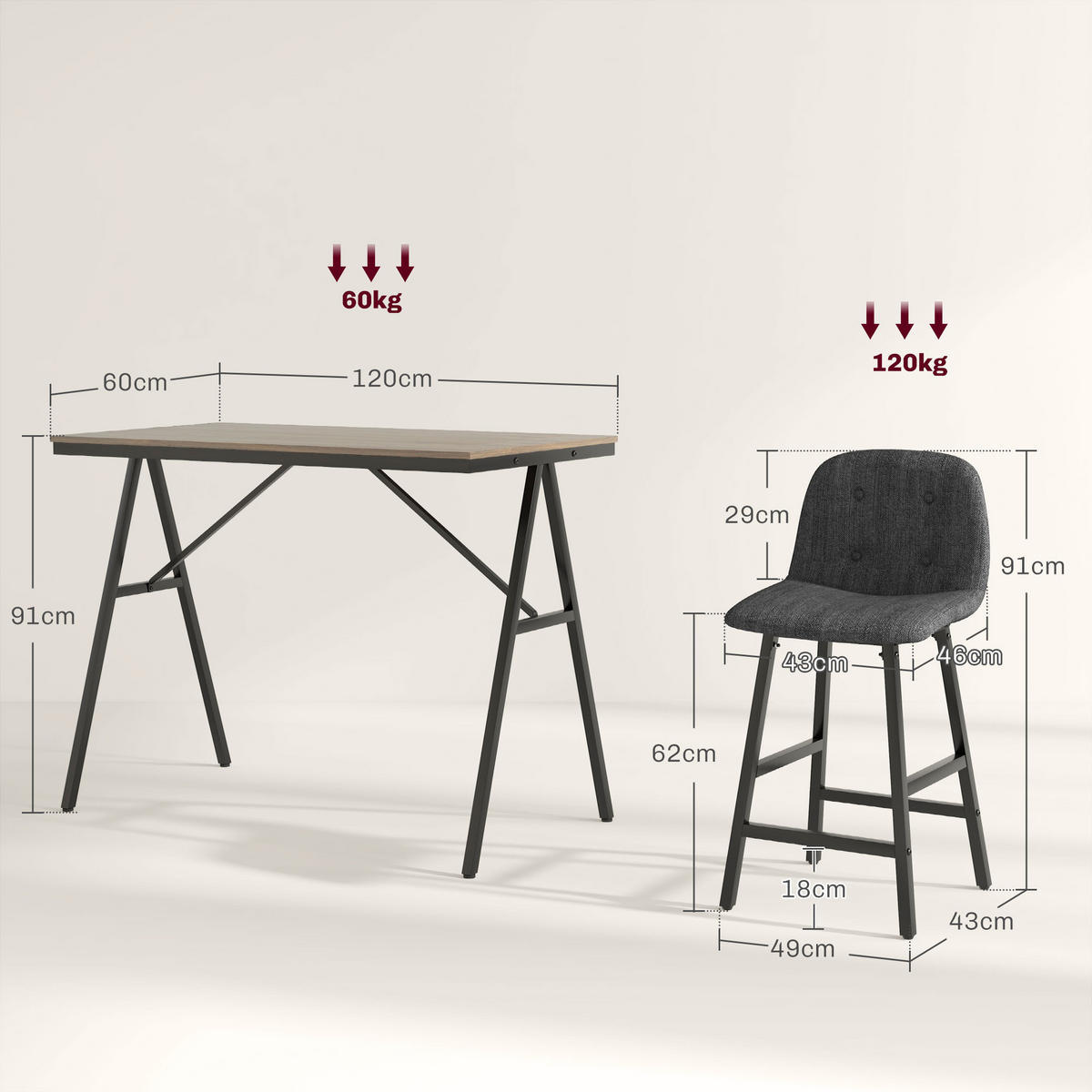 BARTISCH mit Barhocker Set, 5-teilig Essgruppe, Küchentisch, Bartisch Set, Braun - Dunkelgrau, Holzwerkstoff/Kunststoff (60/91/120cm) - HOMCOM